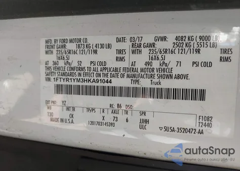 2017 Ford Transit-250 z USA, uszkodzony, nr VIN 1FTYR1YM3HKA91044